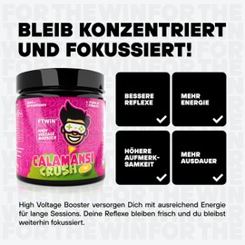 FTWIN HIGH VOLTAGE BOOSTER | Für GAMER und E-SPORTLER | REFLEX – FOCUS – ENERGY – ENDURANCE | 320 g = 40 Portionen (320 g, Calamansi Crush)
