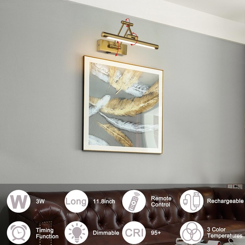 yumcrelect Battery Operated Picture Light with Remote,Wireless Gallery Lights Brass