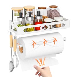 MAYZOLOP Paper Towel Holder with Shelf, One Hand Tear, Paper Towel Holder Wall Mount with 2 Detachable Hooks for Kitchen, Bathroom, White