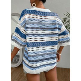Acelitt Womens Spring Summer Short Sleeve Crochet Sweater 2025 Fashion Trendy Hollow Out V Neck Striped Knitted Tops Beach Vacation Cruise Outfits Resort Wear Blue Medium