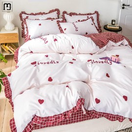 Jolusere White Duvet Cover Queen Red Ruffle Duvet Cover Set Girls Cute Love Bedding Reversible Red Plaid Comforter Cover Soft Washed Microfiber Ruffled Duvet Covers with Zipper Closure(No Comforter)