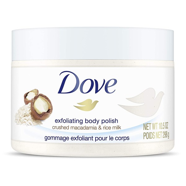 Dove Exfoliating Body Polish Body Scrub To Help Revive Dry, Dull Skin Macadamia & Rice Milk Polishes and Nourishes Your Skin 10.5 oz