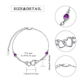 Purple Anklet for Women Sterling Silver Anklets Double Heart Anklets Amethyst Anklet Summer Jewelry Heart Beach Foot Anklet February Birthstone Valentine's Day Wedding Jewelry for Bride Friend
