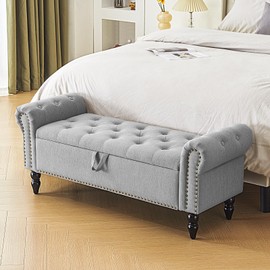 Furnimart Storage Ottoman Bench for Queen Size Bed, Faux Linen Upholstered Storage Bench Accent Bench with Rolled Arms for Bedroom,Living Room, Entryway, 2.5Cubic Feet