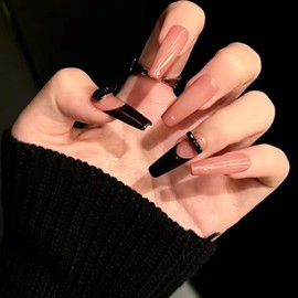 POKENGDA Coffin Press on Nails Black,Long Fake Nails Design,Reusable Acrylic French False Nail Kits for Women