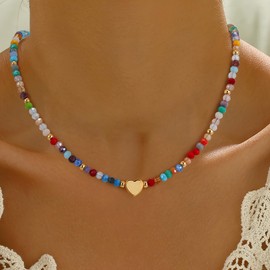 Eaciy Boho Bead Natural Stone Necklace for Women - Boho Colorful Bead Choker Necklace Heart Pearl Star Necklaces Waterproof Jewelry Summer Beach Choker Necklaces for Women Girls Gifts, Brass, No
