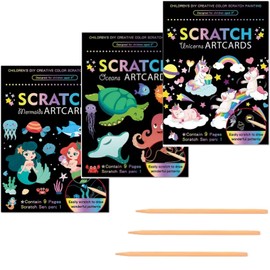 wxfhtda Scratch Paper Art Set for Kids, 3 Pack Colorful Magic Drawing Book for Children Girls, Rainbow Scratch Off Craft Painting Book Off Art Crafts Notes Boards Sheet with 3 Wooden Stylus