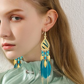 Ricarmo Bohemian National Style 14K Gold Teardrop Feather Fringe Lightweight Dangle Drop Earrings Retro Tassel Beaded Hook Earrings For Women Jewelry Gifts (Blackish Green)