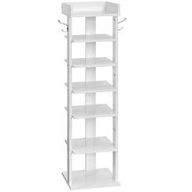 HOOBRO Vertical Shoe Rack for Front Door Entryway, 7 Tier Wooden Shoe Storage Organizer with Hooks, Narrow Shoe Tower for 7 Pairs, Space Saving, for Corner, Closet, Bedroom, White WT61XJ01