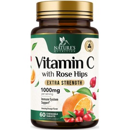 Vitamin C Chewable 1000mg - Extra Strength Antioxidants for Powerful Immune Support w/Vitamin C & Rose HIPS - Potent Dietary VIT C Chews Supplement, Natural Orange Flavor, Vegan, Non-GMO - 60 Tablets