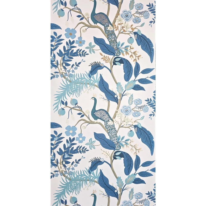 White Blue Tropical Tree Branches Leaves Flowers Peacock Botanical Wallpaper