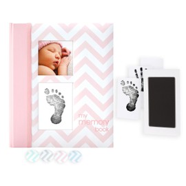 Pearhead Baby Memory Book, First 5 Years Baby Milestone Book, Pregnancy Journal, Gender Neutral Newborn Keepsake, With Clean-Touch Ink Pad For Baby's Handprint or Footprint, Pink Chevron