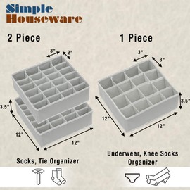 Simple Houseware Sock Drawer Organizer for Dresser/Closet/Bedroom, 3 Pack, Gray