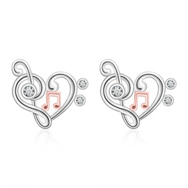 Cute Music Notes Earrings for Women - 925 Sterling Silver Heart-Shaped Clef Musical Note Stud Earrings Jewelry Gifts for Music Lovers