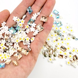 90Pcs Flower Nail Charms Blue Crystal Nail Gems Cute Little Daisy Nail Jewelry Mixed Styles Nail Design Pearl Nail Rhinestones Rock Sugar Champagne Crystals Nail Diamonds for Women Acrylic Nail Decor