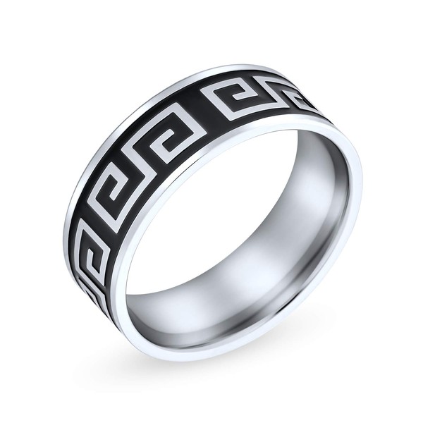 Geometric Ancient Fret Greek Key Pattern Flat Wedding Band Ring