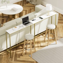 SONGXIN 70.9 Inch Console Table with Power Outlet,Modern Narrow Long Sofa Table Behind Couch,Skinny Entry Table with Gold Metal Frame for Entryway,Living Room, Hallway,Marble White
