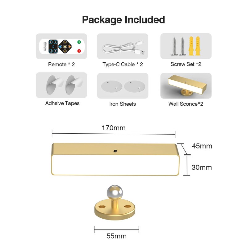 Battery Powered Wall Sconce Lights Set of Two: Gold Rechargeable