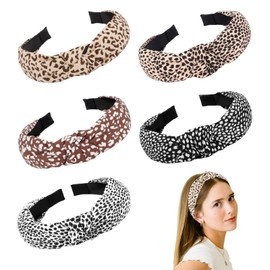 BelleVive 5 Pieces Knotted Headbands for Women and Girls, Beige-Brown Leopard Print Headband, Fashionable Hair Bands for Thick and Thin Hair, Wide Knotted Headband