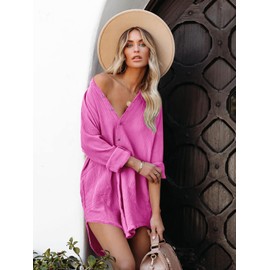 Paintcolors Women's Long Sleeve Button Down Tunic Dresses Beach Cover-ups Oversized Blouse Tops with Pockets-Hot Pink L