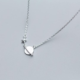 Cute Planet Saturn Star Necklace Tiny 925 Sterling Silver Pendant Choker Necklaces for Women Small Chain Necklace Dainty Delicate Jewelry Gifts for Daughter Bff Birthday 17"