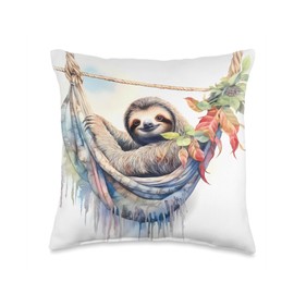 Relaxed Sloth In Hanging Hammock Relaxation Sloth Lounging in A Hammock, Leisure Throw Pillow, 16x16, Multicolor
