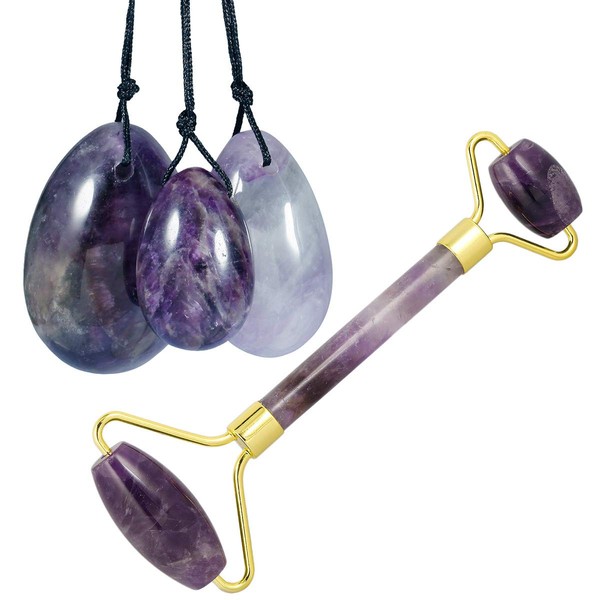 mookaitedecor Amethyst Roller Massager Tool & Yoni Eggs Set of 3, Predrilled with Unwaxed String, Massage Stones for Women