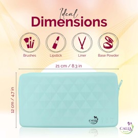 CallaBurst Bolsa de maquillaje de silicona – Bolsa de silicona de 8 x 4.5 pulgadas y organizador de maquillaje – Amplia bolsa de cosméticos para pinceles y esenciales, elegante bolsa de belleza perfecta para viajes, Azul, Toda mujer merece una bolsa tan 