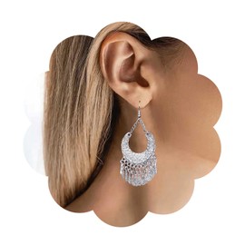 Aneneiceera Tribal Filigree Chandelier Earrings Silver Fringe Tassel Drop Earrings Long Chain Tassel Earrings Vintage Gypsy Boho Statement Earrings Jewellery for Women and Girls Gifts, Alloy Steel