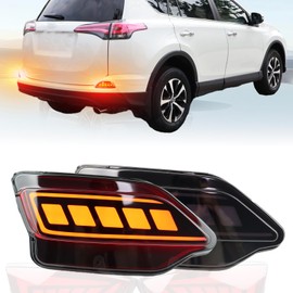 PGTOPONE Upgrade LED Rear Bumper Reflectors Light Fog Brake Tail Lamps Compatible with Toyota RAV4 2013 2014 2015 Replace OEM Stock Reflector Sequential Turn Signal Light (Smoked)