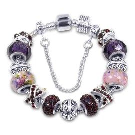 Savlano Silver Tone Purple Charm Bracelet with Crystal and Murano Glass Beads Snake Chain for Women Comes in a Gift Box
