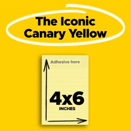 Post-it 100% Recycled Paper Super Sticky Notes, Canary Yellow, Lined, 4 in. x 6 in., 4 Sticky Note Pads, 45 Sheets per Pad, School Supplies and Office Products