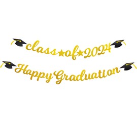Happy Graduation Calss of 2024 Banner Congrats Grad 2024 Graduations Congratulations Garland Bunting for Party Decorations Gold