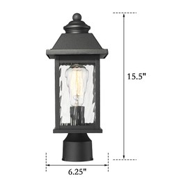 ALLGOT Outdoor Post Lantern, Exterior Post Lamp Light, Anti-Rust Black Outdoor Pole Light Fixture with Water Rippled Glass for Garden, Patio, Pathway (Black, 15.5 Inch Height)