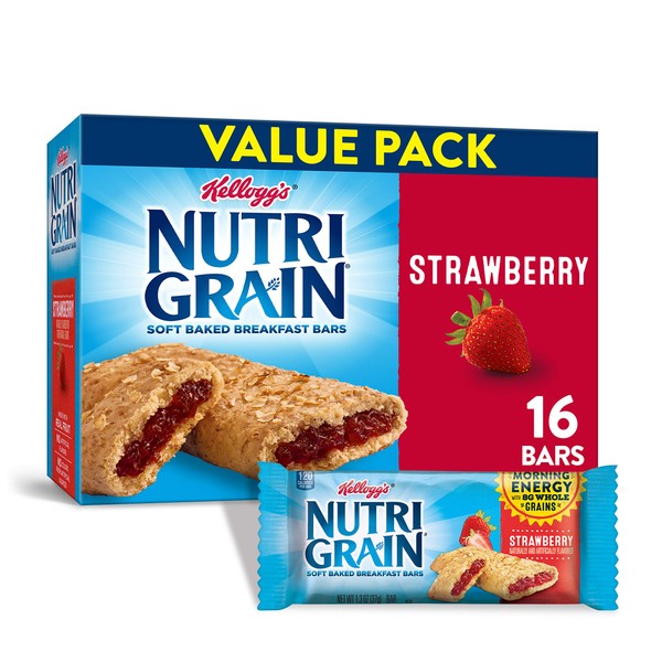 Nutri-Grain Soft Baked Breakfast Bars, Made with Real Fruit and Whole Grains, Kids Snacks, Value Pack, Strawberry, 20.8oz Box (16 Bars)