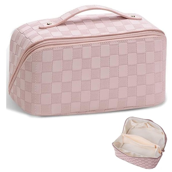 Large Capacity Travel Cosmetic Bag Flat Large Makeup Bag for Women Portable Waterproof PU Leather Skin Care Bag with Handle and Divider, B-pink, Toiletry bag