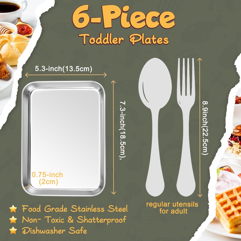 HaWare 7.3" x 5.3" x 0.8" Kids Plates, 6-Piece Stainless