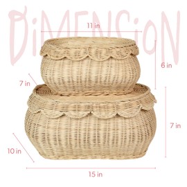 2Pcs Scalloped Baskets, Hand Woven Rattan Baskets with Lid, Small Scalloped Baskets, Wicker Storage Baskets, Basket For Decor, Basket for Living Room, Bathroom, Bedroom, Organizing Food, Bread, Picnic
