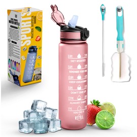 K-MART Sports Water Bottle with Straw and Time Marking, and 32OZ Capacity - Motivational and Eco-Friendly BPA-Free Bottle for Running, Gym, Yoga, Outdoors, and Camping (Style-1, Pink)