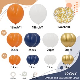 Blue and Orange Balloons Arch Kit, 162pcs Orange Navy Blue White Metallic Gold and Confetti Balloons for Graduation Baby Shower Fall Thanksgiving Birthday Party Decorations