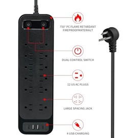 Sozomo Enchufe Plano,Multicontacto Regleta Extension Electrica con Protector Supresor de Picos Voltaje, 1,8 M, Enchufe Plano, Regleta USB con 12Toma d
