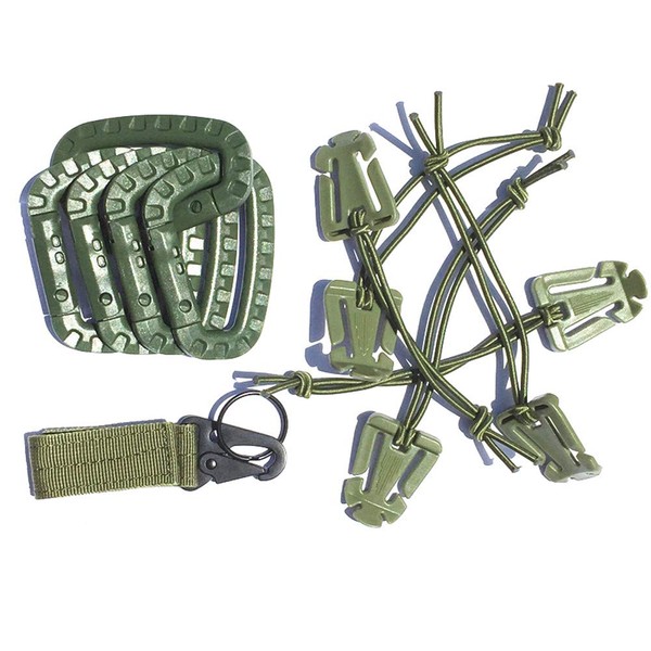 11 Pcs Tactical Attachments for 1 EDC Molle Webbing Keychain – 5 D-Ring Locking Hanging Hook Tactical Link Snap Keychain – 5 Molle Web Dominator Elastic Strings (Green)