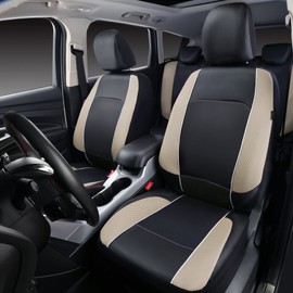 HORSE KINGDOM Leather Car Seat Covers, 3D Air Mesh Universal Seat Cover Full Set for Truck,Suvs,Sedans,Breathable Faux Leather with Airbag(Black and Beige)