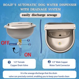 Boajf Automatic Dog Water Bowl 3 Gallon with Drainage System & Auto Refill, 304 Stainless Steel, Includes Waterer, Drainage Water Valve, 2 Float Valve, Hose Quick Connector, for Horse, Chicken
