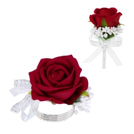 Vkkperp 2Pcs Red Artificial Rose Corsage Wristlet Band and Men Boutonniere Set, for Prom Suit Decorations Wedding Party Flower Accessories