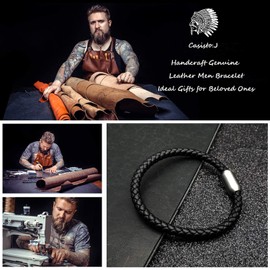 Casisto.J Men's Leather Bracelet with Stainless Steel Engraving Plate, Black & Brown Braided Leather with Magnetic Clasp, Stainless Steel