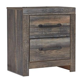 Signature Design by Ashley Drystan Rustic Industrial 2 Drawer Nightstand with 2 Slim-Profile USB Charging Stations, Weatherworn Brown