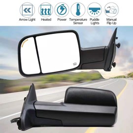 BOOLEE Towing Mirrors fit for 2009-2018 Dodge Ram 1500 2500 3500 with Arrow Signal on Glass Puddle Light Temperature Sensor Power Heated Pickup Truck