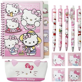 Kawaii Kitty Stationery Set, Includs Notebook & 5 Pcs Gel Pen & Pen Case & Sticky Notes, Planner Pen Pouch with Black Ink Ballpoint Pen Memo Pad, Coin Pouch Office Supplies Stationery Organizer Gift