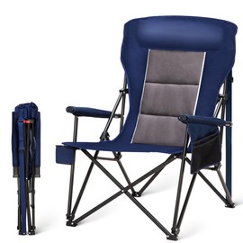 HIGH POINT SPORTS Oversized Camping Chairs for Adults, High Back Heavy Duty Lawn Folding Chair Support 500LBS, Padded Portable Outdoor Chair with Cup Holder, Blue
